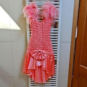 Pink Ruffled Dress with Feather Details